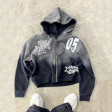 FOESCE Street New Gradient Retro Washed Zipper Hoodie Printed Hoodie American Hooded Long Sleeve Sports Men and Women Streetwear