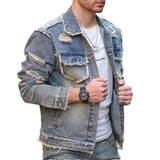 FOESCE Street Stylish Retro Style Holes Slim Street Denim Jacket Coat Good Quality Distressed Male Casual Denim Jacket