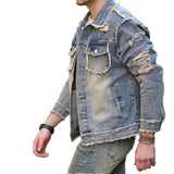 FOESCE Street Stylish Retro Style Holes Slim Street Denim Jacket Coat Good Quality Distressed Male Casual Denim Jacket