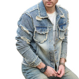 FOESCE Street Stylish Retro Style Holes Slim Street Denim Jacket Coat Good Quality Distressed Male Casual Denim Jacket