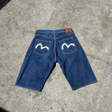 FOESCE Streetwear Denim Shorts Y2K Jeans Men Women Hip Hop Cartoon Patchwork Embroidery Pattern Retro Blue Baggy Fitness Casual Shorts