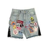 FOESCE Streetwear Denim Shorts Y2K Jeans Men Women Hip Hop Cartoon Patchwork Embroidery Pattern Retro Blue Baggy Fitness Casual Shorts
