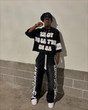 Streetwear Mens Two Piece Y2K Sportswear Harajuku Hip Hop Letters Oversized Hoodie Retro Striped Sweatpants Casual Suit Clothes
