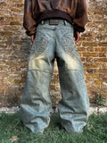 Streetwear Retro Baggy Jeans Men's Goth Hip-hop Personality Harajuku Trendy Washed Blue Straight Pant Y2K Wide Leg Pants Men