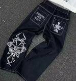 Foesce Streetwear Skull Pocket Embroidered Jeans Y2K Hip Hop Retro Baggy Jeans Black Pants Mens Punk Rock Low Rise Wide Leg Trousers