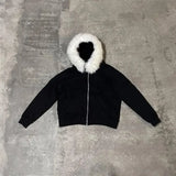 FOESCE Streetwear Zip Up Hoodie Dark Faux Fur Collar Sweatshirt Men Women Y2K Oversized Punk Hoodie Harajuku Hiphop Retro Goth Jacket