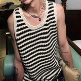 FOESCE Striped Knitted Summer Tanks Tops Men's O-Neck Korean Knitwear Shirts Sleeveless Streetwear Loose Top Vintage Cropped Sexy