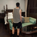 FOESCE Striped Knitted Summer Tanks Tops Men's O-Neck Korean Knitwear Shirts Sleeveless Streetwear Loose Top Vintage Cropped Sexy