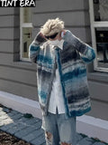 FOESCE Striped Knitted Sweater Coat Men Japanese Y2K Oversize Casual Autumn Winter Loose V-Neck Cardigan for Men Rainbow Color