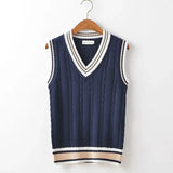 FOESCE Striped White Knitted Sweaters for Men Blue Sleeveless Man Clothes V Neck Vest Red Waistcoat Jumpers Sweat-shirt Cigaret Cotton