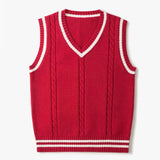 FOESCE Striped White Knitted Sweaters for Men Blue Sleeveless Man Clothes V Neck Vest Red Waistcoat Jumpers Sweat-shirt Cigaret Cotton