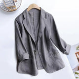 FOESCE Suit Blazer Basic Cotton Linen Three Quarter Single Button Women's Jacket Spring  Korean Fashion Casual Short Jackets Coat