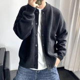 FOESCE Sweater Coat Men's Round Neck Knitted Cardigan Sweater with Single-breasted Closure Solid Color Long Sleeve Coat for Warmth