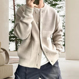 FOESCE Sweater Coat Men's Round Neck Knitted Cardigan Sweater with Single-breasted Closure Solid Color Long Sleeve Coat for Warmth