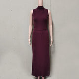FOESCE Tuularose Elegant Long Skirt Two-piece Set Women's Sleeveless Knitted Turtleneck Vest Slim Skirt Set 2025 New Fashion Skirt Set