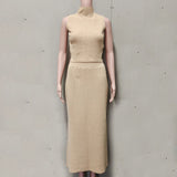 FOESCE Tuularose Elegant Long Skirt Two-piece Set Women's Sleeveless Knitted Turtleneck Vest Slim Skirt Set 2025 New Fashion Skirt Set