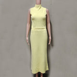 FOESCE Tuularose Elegant Long Skirt Two-piece Set Women's Sleeveless Knitted Turtleneck Vest Slim Skirt Set 2025 New Fashion Skirt Set