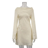 FOESCE Tuularose Satin Backless Dress Women's Sexy Hollow Lace Up Long Sleeve A-Line Short Dress Elegant Swing Neck Party Evening Dress