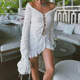 FOESCE Tuularose White V Neck Lace Up Top Women's Sexy Hollow Solid Cardigan Casual Gathered Long Sleeve Top Female Shirt Party Outfits