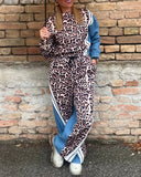 FOESCE Two Piece Set Women Outfit 2025 Spring Leopard Pattern Stripe Print Long Sleeve Pullover & Casual Drawstring Denim Pants Set