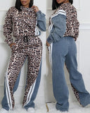 FOESCE Two Piece Set Women Outfit 2025 Spring Leopard Pattern Stripe Print Long Sleeve Pullover & Casual Drawstring Denim Pants Set