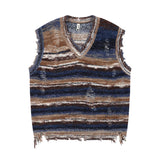 FOESCE Vintage Gradient Stripe Baggy Knitted Sweater Vest Washed Ripped Red Sweater Tank Top Y2k Tie Dyeing V-Neck Sleeveless knitwear