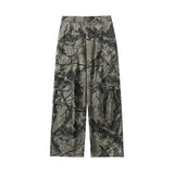 FOESCE Vintage Leaf Pattern Camouflage Cargo Pants High Street Tide Design Tie-Dye Trousers Side Large Pockets Baggy Casual Pants