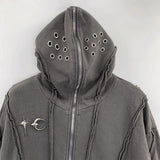 FOESCE Vintage Washed Thug Club Zipper Masked Hoodie Cap Silver Hollow Metal Round Ring Sweatshirts Outer Suture Pullovers Men Women