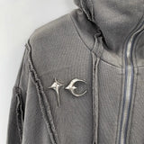 FOESCE Vintage Washed Thug Club Zipper Masked Hoodie Cap Silver Hollow Metal Round Ring Sweatshirts Outer Suture Pullovers Men Women
