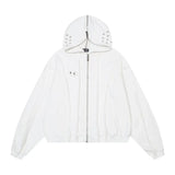 FOESCE Vintage Washed Thug Club Zipper Masked Hoodie Cap Silver Hollow Metal Round Ring Sweatshirts Outer Suture Pullovers Men Women