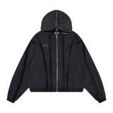 FOESCE Vintage Washed Thug Club Zipper Masked Hoodie Cap Silver Hollow Metal Round Ring Sweatshirts Outer Suture Pullovers Men Women