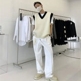FOESCE White Striped Knitted Sweaters For Men Vest V Neck Man Clothes Sleeveless Waistcoat Thick Winter Old Cotton Wholesale Sale S
