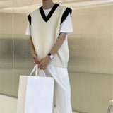FOESCE White Striped Knitted Sweaters For Men Vest V Neck Man Clothes Sleeveless Waistcoat Thick Winter Old Cotton Wholesale Sale S