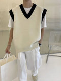 FOESCE White Striped Knitted Sweaters For Men Vest V Neck Man Clothes Sleeveless Waistcoat Thick Winter Old Cotton Wholesale Sale S