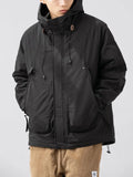 FOESCE Winter Cargo Jacket Men Solid Large Pocket Hooded Down Coat Men Retro Solid Color Warm Outdoors Windbreaker Down Jacket
