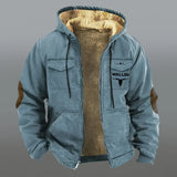 FOESCE Winter Jacket with Hood for Men Velvet Thickened Pockets Cotton Jacket Western Cowboy 3D Printed Coat Brown Warm Work Clothes