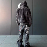 FOESCE Winter New Warm Thick Plush Zipper Coat American Retro Trend Plush Hoodie Men High Street Hip Hop Harajuk Punk Gothic Loose Coat