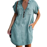 FOESCE Women Casual Zipper Denim Style Dress Summer Loose XXXL Solid Short Sleeve Dress Female Turn Down Collar Pockets Outdoor Dress