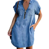 FOESCE Women Casual Zipper Denim Style Dress Summer Loose XXXL Solid Short Sleeve Dress Female Turn Down Collar Pockets Outdoor Dress