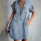 FOESCE Women Casual Zipper Denim Style Dress Summer Loose XXXL Solid Short Sleeve Dress Female Turn Down Collar Pockets Outdoor Dress