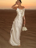 FOESCE Women Chic White Backless Stain Ruffles Long Dress 2025 Elegant Sleeveless V Neck Pleated Sling Vestidos Ladies Party Club Robes