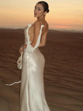 FOESCE Women Chic White Backless Stain Ruffles Long Dress 2025 Elegant Sleeveless V Neck Pleated Sling Vestidos Ladies Party Club Robes