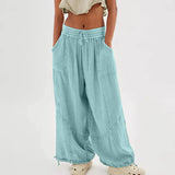FOESCE Women Harem Pants Summer Casual Vintage Cotton Linen Pants Elastic Waist Wide Leg Fashion Loose Pockets Female Trousers S-5XL