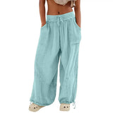FOESCE Women Harem Pants Summer Casual Vintage Cotton Linen Pants Elastic Waist Wide Leg Fashion Loose Pockets Female Trousers S-5XL