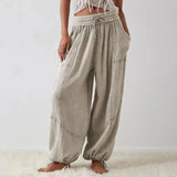 FOESCE Women Harem Pants Summer Casual Vintage Cotton Linen Pants Elastic Waist Wide Leg Fashion Loose Pockets Female Trousers S-5XL