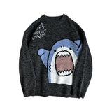 FOESCE Women Men Sweater Cartoon Shark Print Round Neck All Match Long Sleeve Oversized Pullover Top Harajuku Hip Hop Loose Knit Jumper