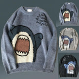 FOESCE Women Men Sweater Cartoon Shark Print Round Neck All Match Long Sleeve Oversized Pullover Top Harajuku Hip Hop Loose Knit Jumper