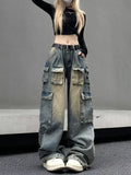 FOESCE Women's Black Gothic Jeans Harajuku Y2k 90s Aesthetic Baggy Denim Trousers Korean Vintage 2000s  Punk Wide Leg Pants Clothes