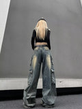 FOESCE Women's Black Gothic Jeans Harajuku Y2k 90s Aesthetic Baggy Denim Trousers Korean Vintage 2000s  Punk Wide Leg Pants Clothes