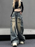 FOESCE Women's Black Gothic Jeans Harajuku Y2k 90s Aesthetic Baggy Denim Trousers Korean Vintage 2000s  Punk Wide Leg Pants Clothes